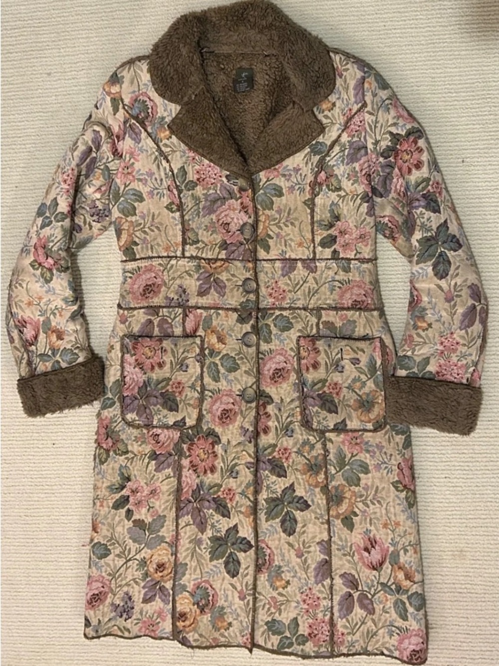 Anthropologie Floral Quilted Coat with Brown Faux Shearling Collar